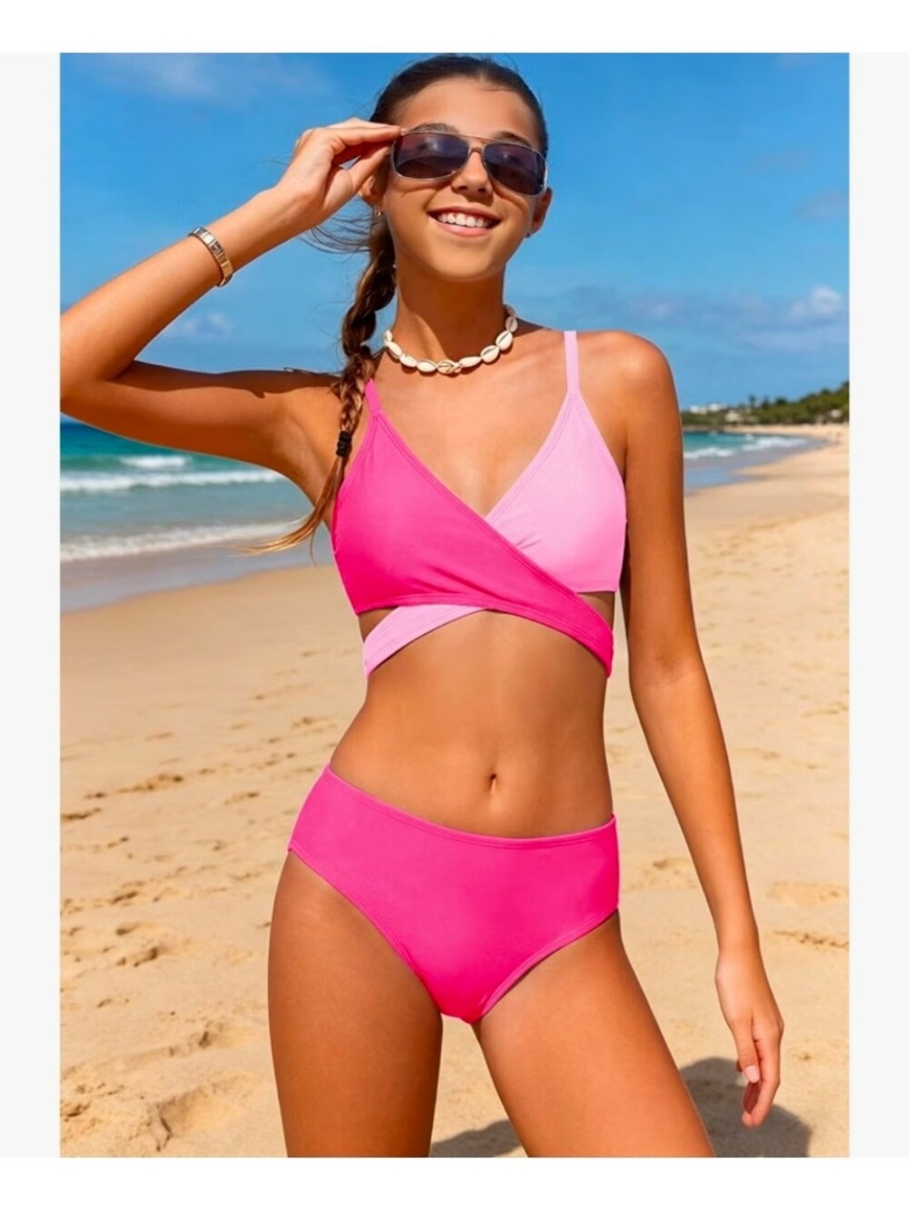 Karrak - Teen Girls' Bright Pink Colorblock Two-Piece Swim Set